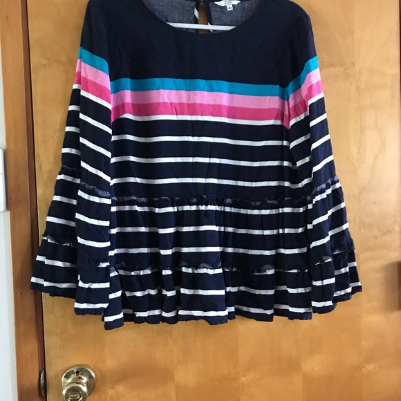 crown & ivy Tops - Striped Ruffled Peplum Top in Navy, White, Teal & Pink
